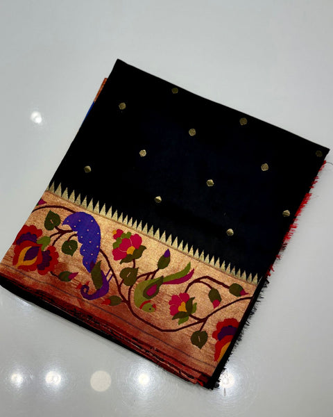 Black Pure Silk Heirloom Paithani with Peacock Border