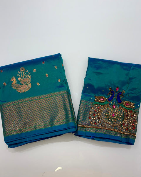 Blue Semi-Silk Paithani with Designer Peacock Embroidered Blouse Piece