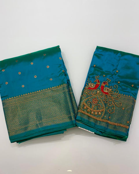 Blue Semi-Silk Paithani with Designer Peacock Embroidered Blouse Piece