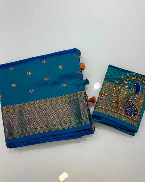Blue Semi-Silk Paithani with Designer Peacock Embroidered Blouse Piece