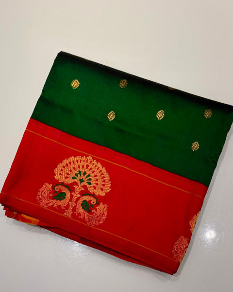 Bottle Green Pure Silk Heirloom Paithani with Contrast Red Border
