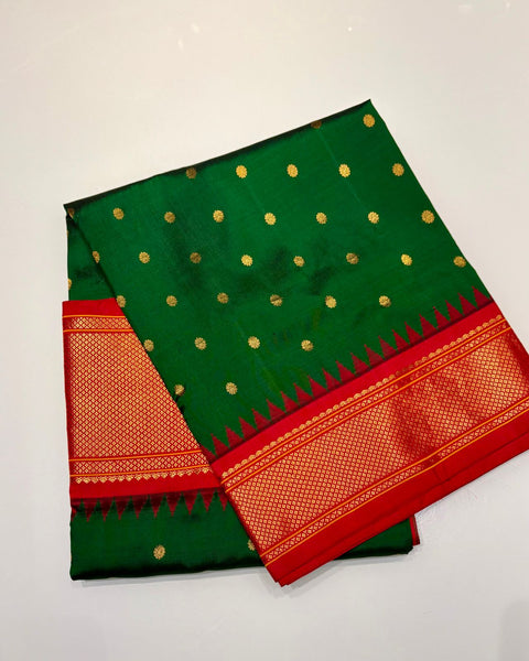 Bottle Green Pure Silk Heirloom Paithani with Contrast Red Chatai Border