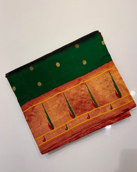 Bottle Green Pure Silk Heirloom Paithani with Single Muniya Border