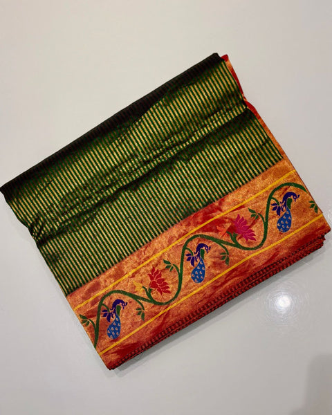 Bottle Green Pure Silk Heirloom Paithani with Tissue Stripes & Kadiyal Border