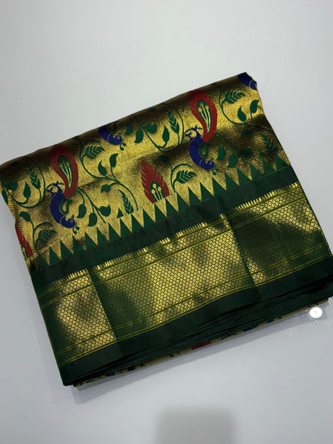Bottle Green Pure Silk Paithani with Brocade Detailing