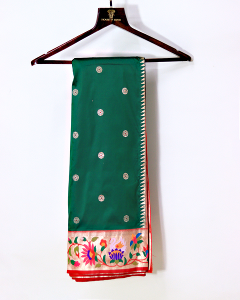 Bottle Green Paithani Saree with Floral Zari Border
