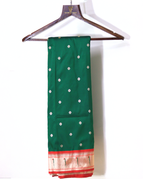 Bottle Green Semi-Silk Paithani Saree with Golden Red Border