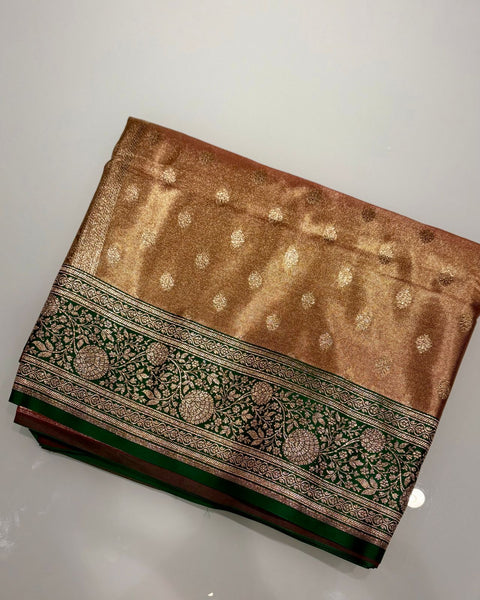 Brown Banarasi Semi Silk Saree with Contrast Border and Embroidered Blouse