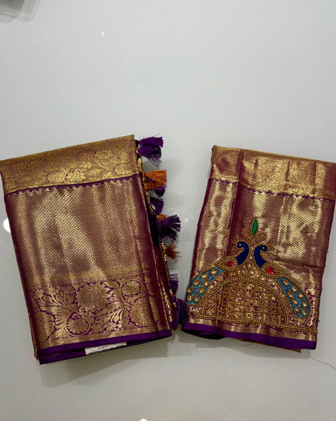 Copper Semi Silk Tissue Kanjeevaram with Embroidered Blouse