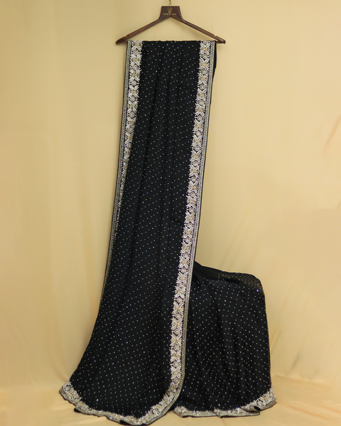 Black Crepe Embroidery Saree with Intricate Border Design