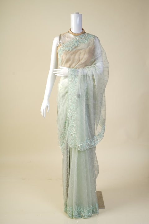 Pastel Light Green Designer Organza Saree