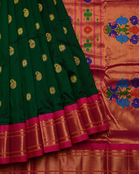 Bottle Green and Pink 9 Yards Pure Silk Paithani with golden zari buttie