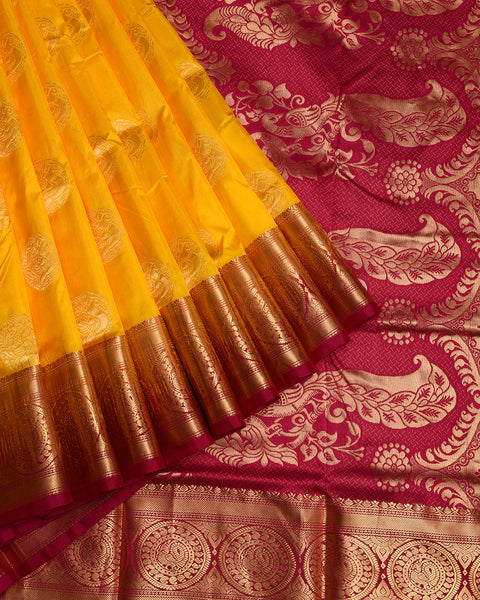 Dark yellow and dark pink 9 yards pure silk kanjeevaram Saree