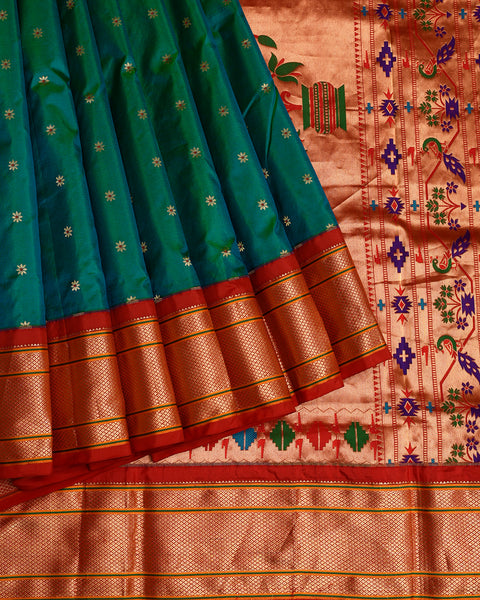 Dark teal and vibrant red  9 yard saree with chatai border in golden zari work
