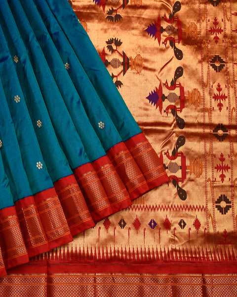 Blue and Red Contrast Pure Silk 9 yard Paithani with Golden Zari Buttis and Kadiyal Border