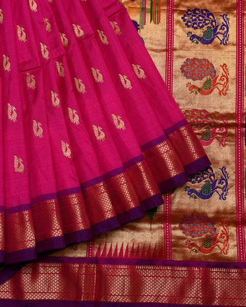 Baby Pink and Purple 9 Yards Pure Silk Paithani Saree with Golden Zari Kadiyal Border