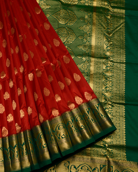 Cherry Red and Green 9 Yards Pure Silk Paithani with Golden Zari Peacock