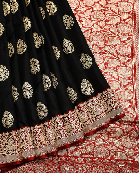 Black and Red 9 Yards Pure Silk Banarasi Katan with Golden Zari Butties and Floral Border