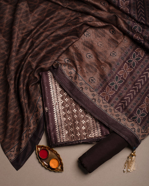 Chocolate Brown Semi Stitched Suit