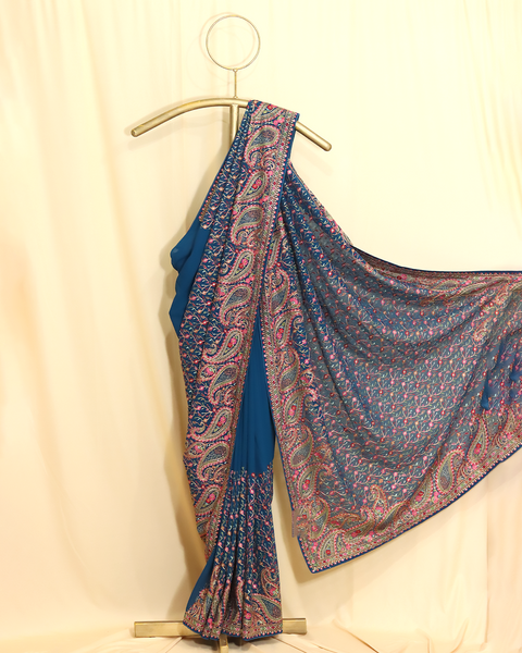Regal Midnight Blue Embroidered Designer Saree