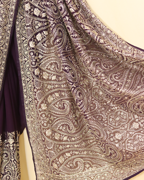 Plum Purple & Silver Embroidered Designer Saree – A Royal Affair
