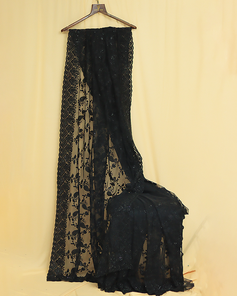 Elegant Black Embroidered Organza Saree with Detailing