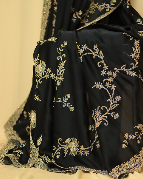 Georgette Embroidery Black Saree with Designer Details