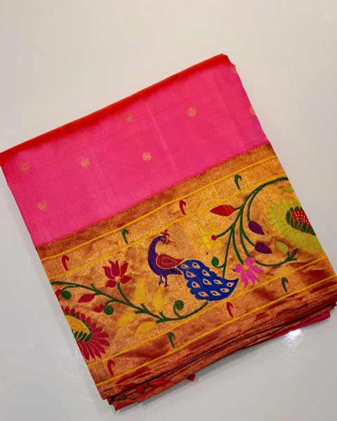 Fuschia Pink Pure Silk Heirloom Paithani with Peacock & Lotus Border