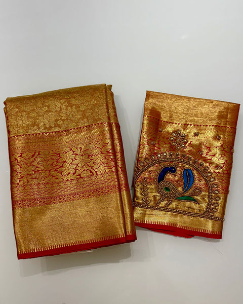 Gold Kanjeevaram with Red Border and Embroidered Blouse