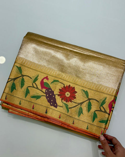 Gold Semi Silk Tissue Paithani with Designer Border