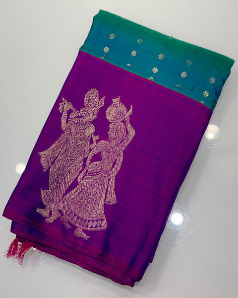 Green & Magenta Dual Tone Kanjeevaram Style Saree with Big Border