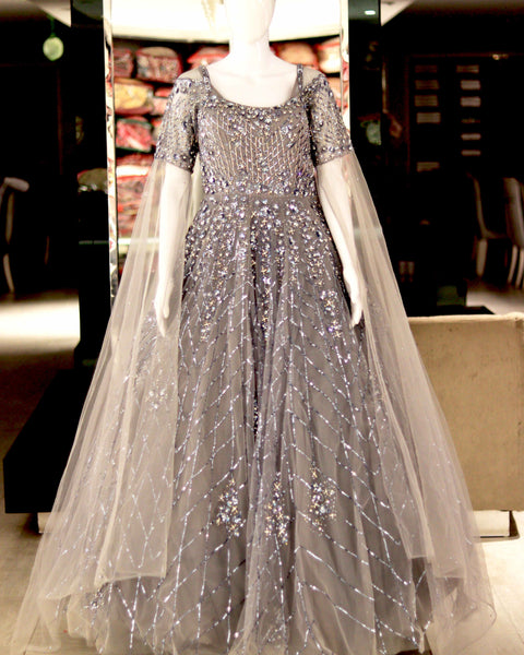 Grey Colour Long Bridal Gown