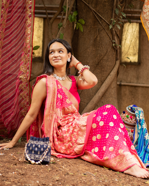Hot Pink Khaddi Georgette Bandhani Saree with Zari Work