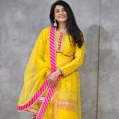 Bright Yellow Khaddi Georgette Sharara Suit with Zardosi Handwork and Contrasting Leheriya Border