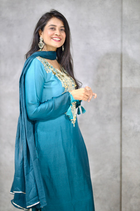 Peacock Colour Muslin Silk Straight Fit Suit with Mirror and Zari Work