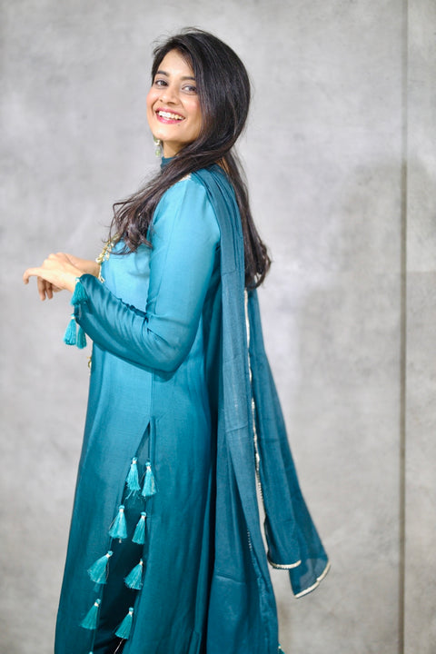 Peacock Colour Muslin Silk Straight Fit Suit with Mirror and Zari Work