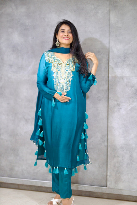 Peacock Colour Muslin Silk Straight Fit Suit with Mirror and Zari Work