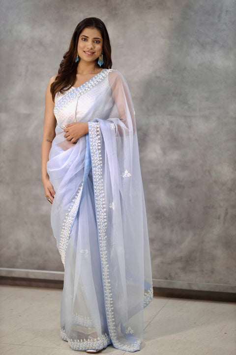 Sky Blue Organza Tissue Pearl Work Designer Saree