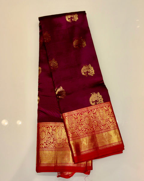 Wine Pure Silk Kanjivaram Saree with Golden Zari Work