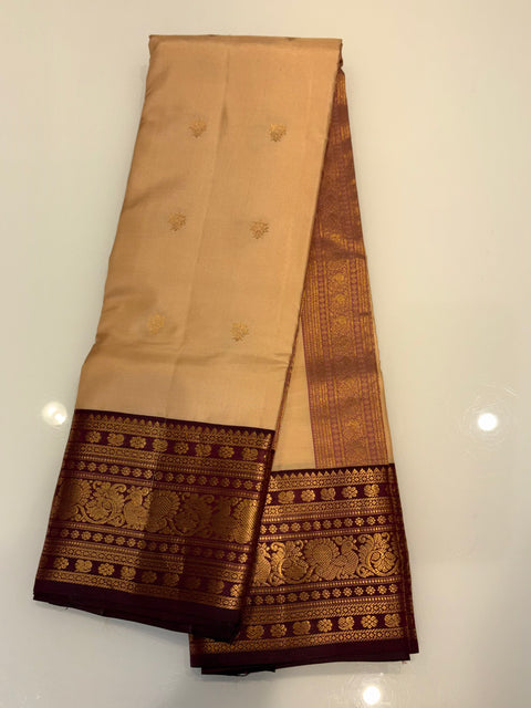Cream Pure Silk Kanjivaram Saree with Golden Zari Work