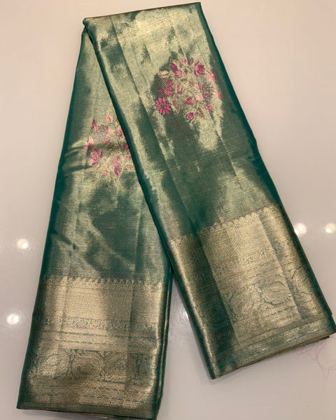 Green Pure Silk Tissue  Kanjivaram Saree with Golden Zari Work