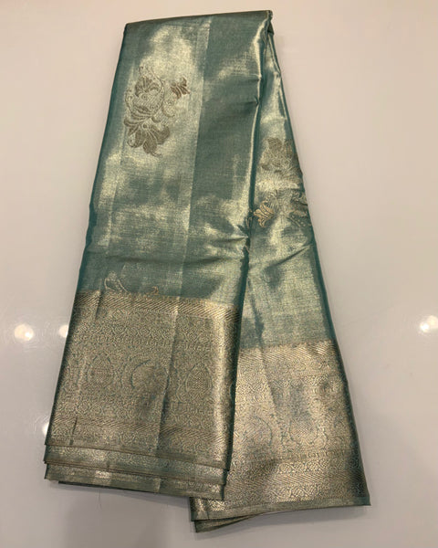 Green Pure Silk Tissue Kanjivaram Saree with Golden Zari Work