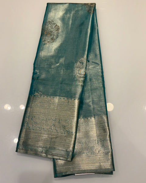 Green Pure Silk Tissue Kanjivaram Saree with Golden Zari Work