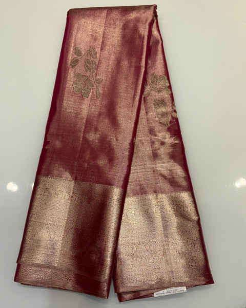Wine Pure Silk Tissue Kanjivaram Saree with Golden Zari Work
