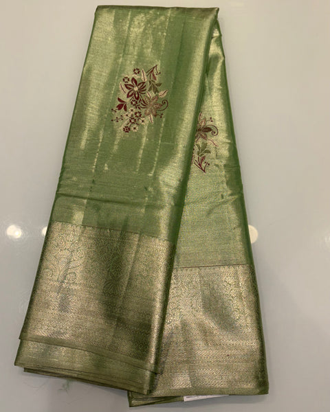 Parrot Green Pure Silk Tissue Kanjivaram Saree with Golden Zari Work