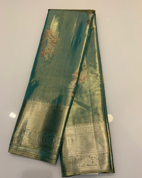 Green Pure Silk Tissue Kanjivaram Saree with Golden Zari Work