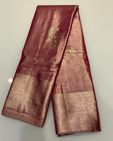 Wine Pure Silk Tissue Kanjivaram Saree with Golden Zari Work