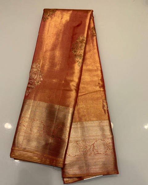 Orange Pure Silk Tissue Kanjivaram Saree with Golden Zari Work