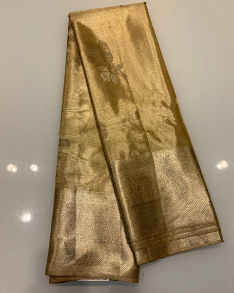 Beige Pure Silk Kanjivaram Saree with Golden Zari Work