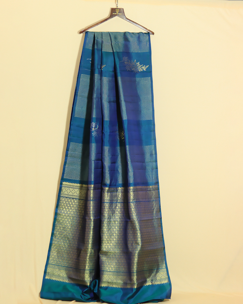 Peacock Blue Charm with Silver Zari Embellishments Kanjivaram Pure Silk Saree